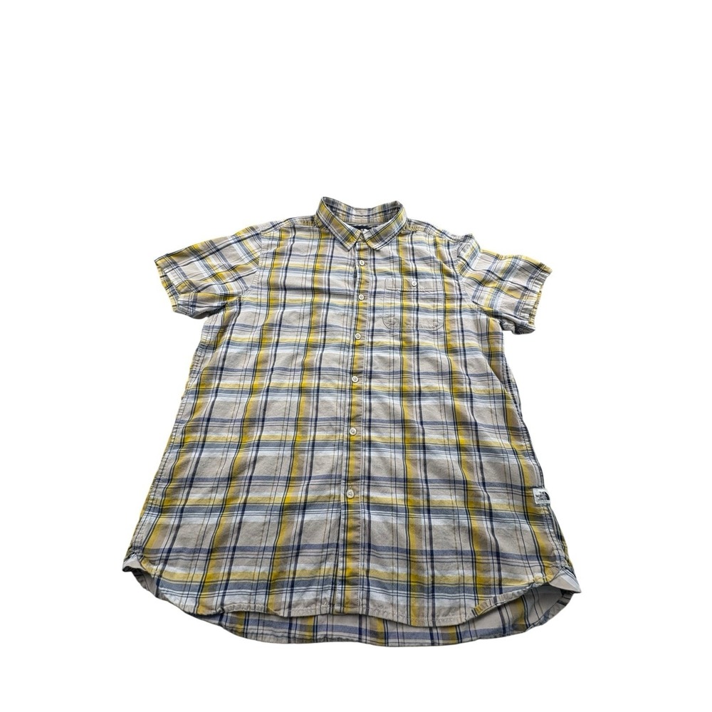 The North Face Mens XL Plaid Short Sleeve Button Up Shirt Yellow Blue Cotton